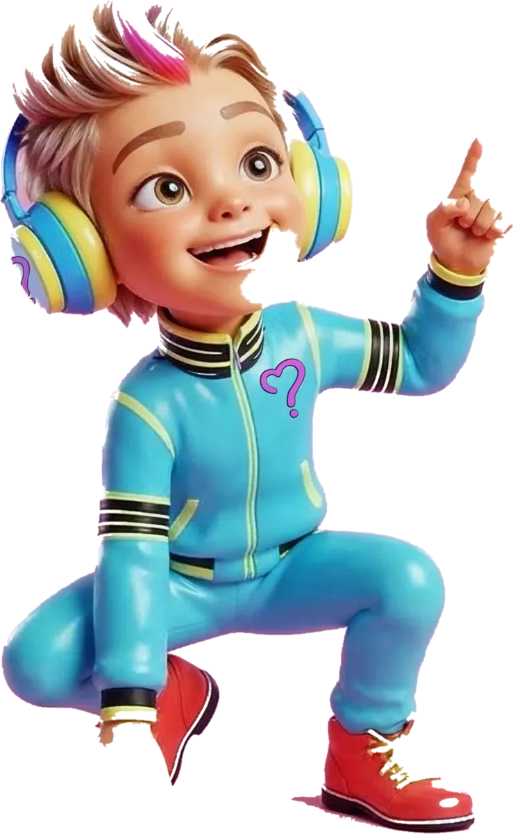 Ellis Mo crouching and pointing upward, in his cyan tracksuit and headphones