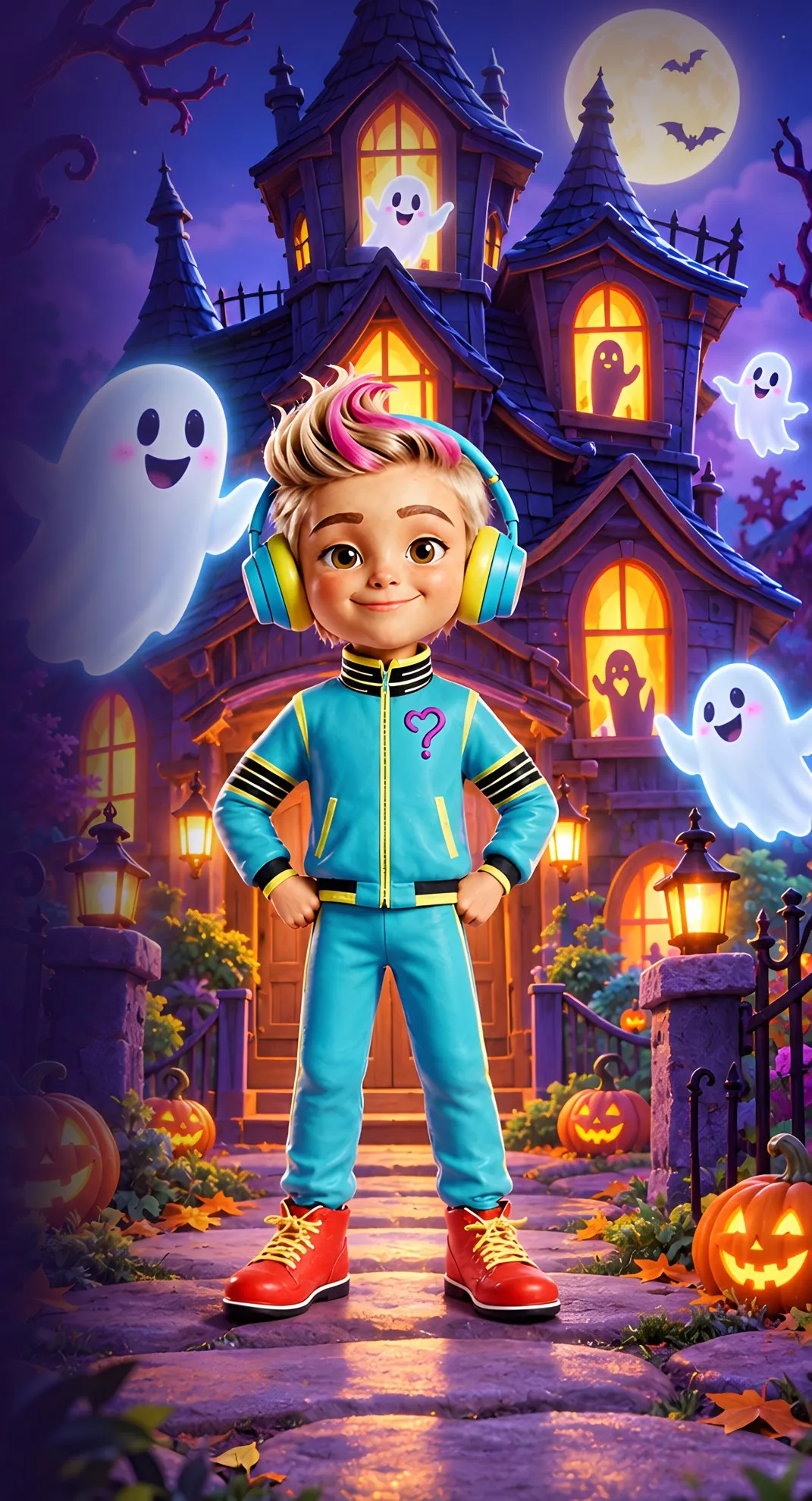 Ellis Mo standing outside a glowing haunted house at night, with friendly ghosts floating around him